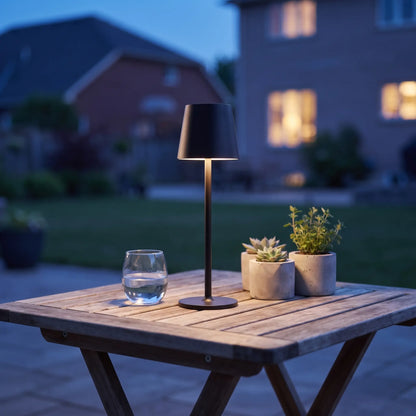 Aesthix Lume Poise rechargeable waterproof table lamp black finish outdoor garden wooden table succulent plants dusk UK