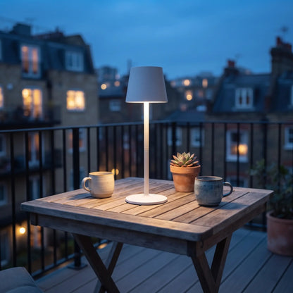 Aesthix Lume Poise rechargeable waterproof table lamp white finish London rooftop balcony table mugs succulent dusk UK