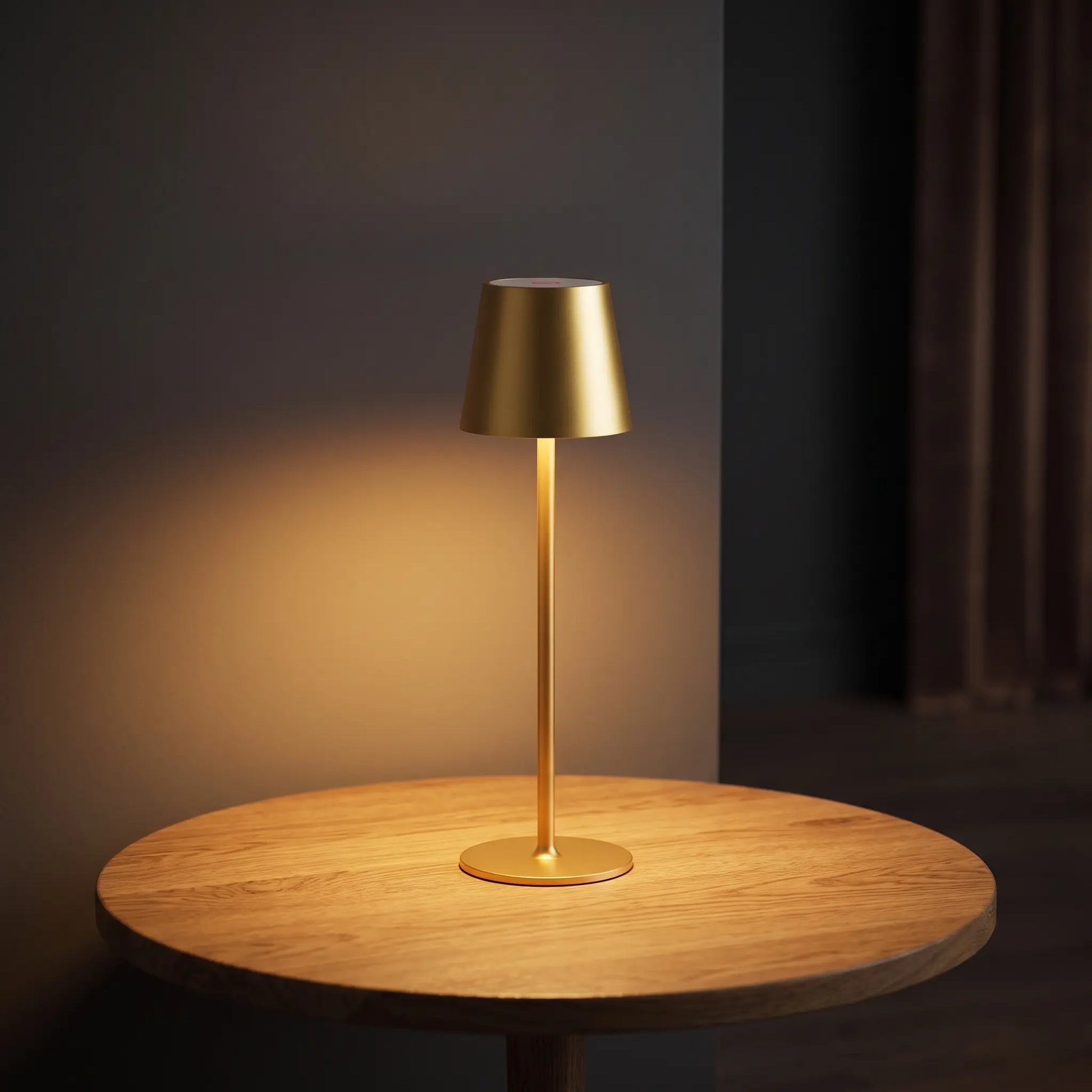 Aesthix Lume Poise rechargeable waterproof table lamp gold finish round wooden table dark room UK