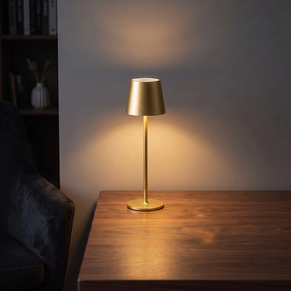 Aesthix Lume Poise rechargeable waterproof table lamp rose gold finish wooden table warm dark room UK