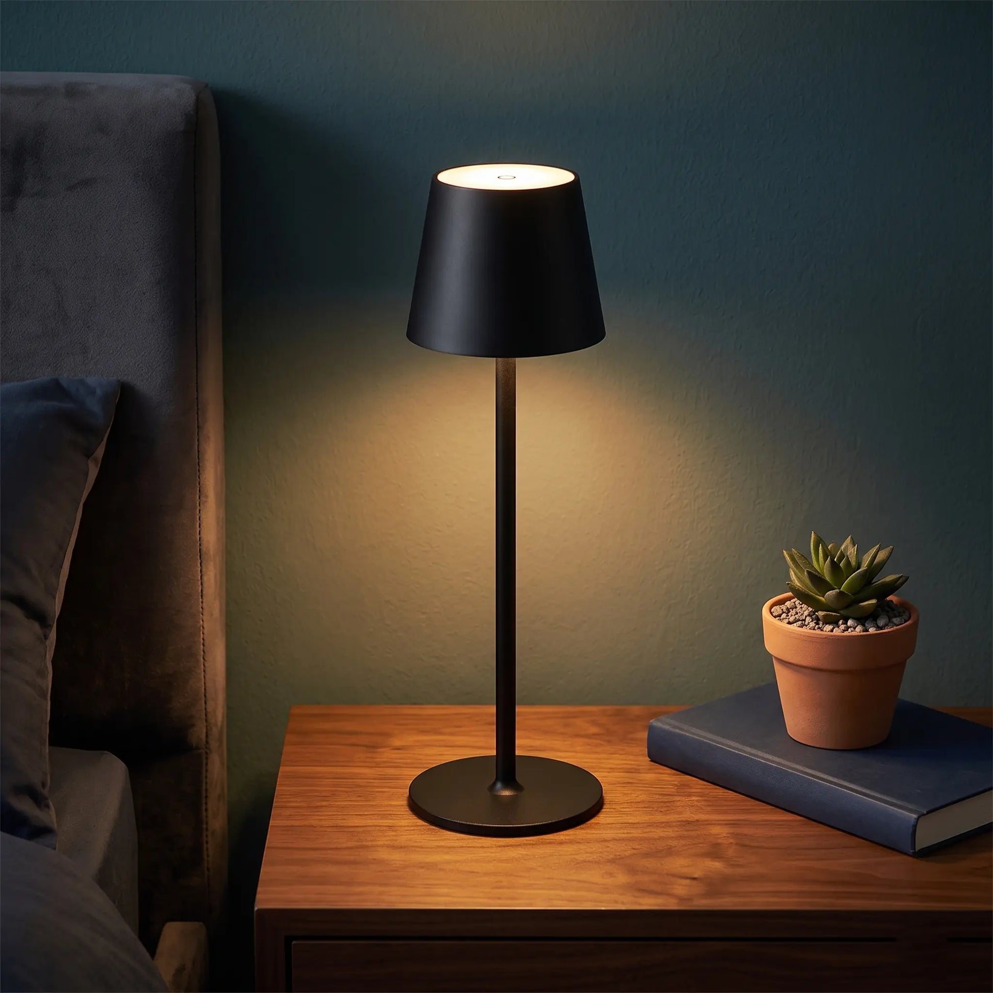 Aesthix Lume Poise rechargeable waterproof table lamp black finish bedroom curtain background UK