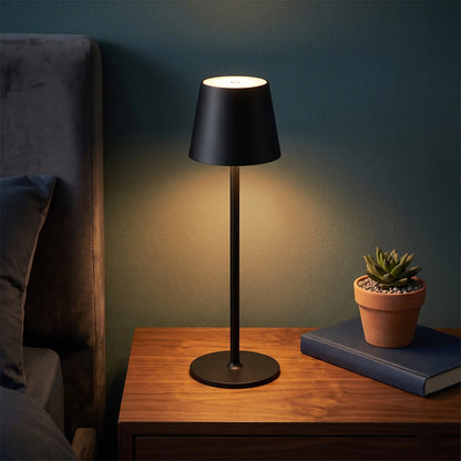 Aesthix Lume Poise rechargeable waterproof table lamp black finish bedroom curtain background UK