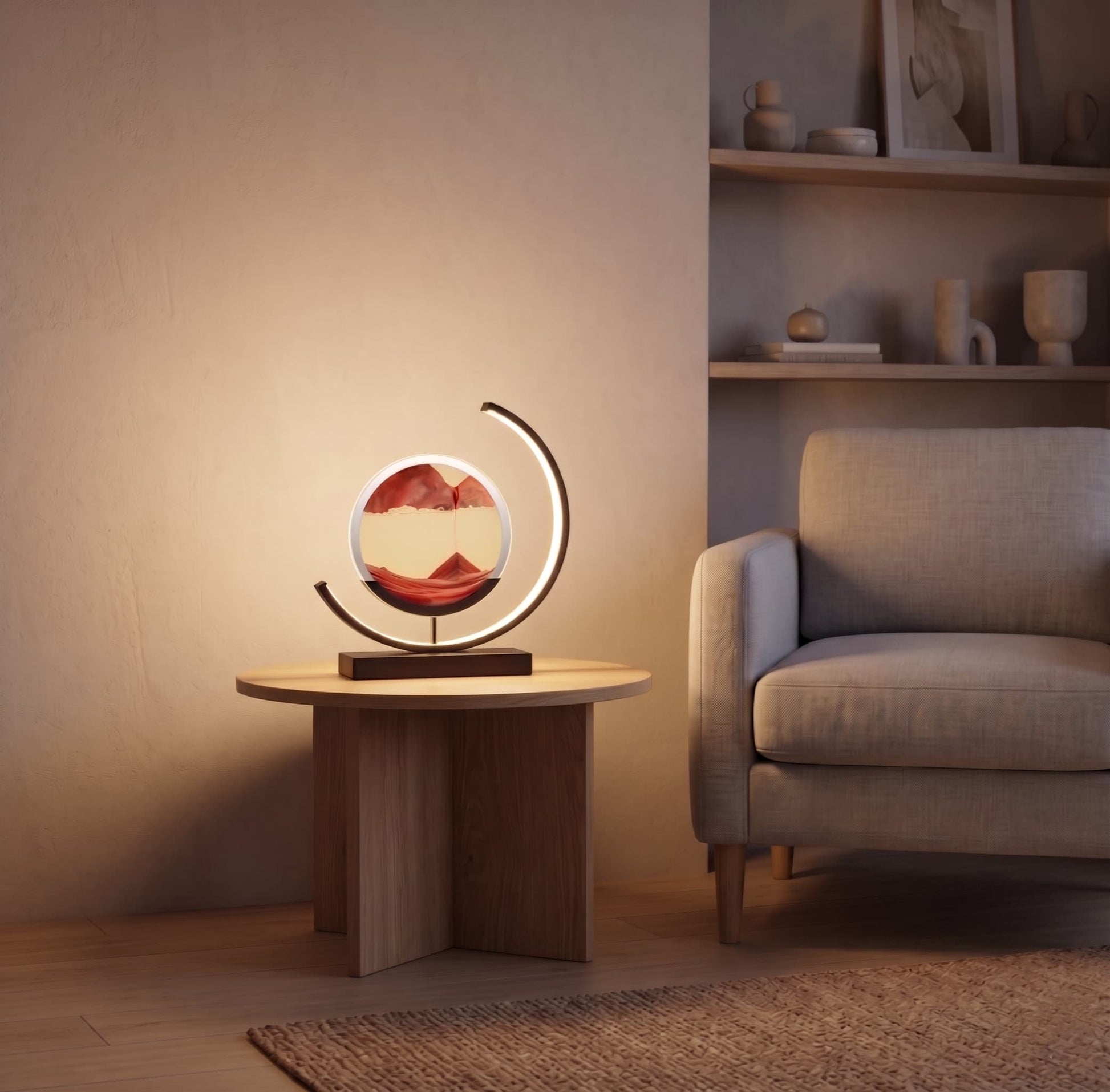 Aesthix Lume Drift quicksand art lamp orange sand wooden side table armchair living room UK
