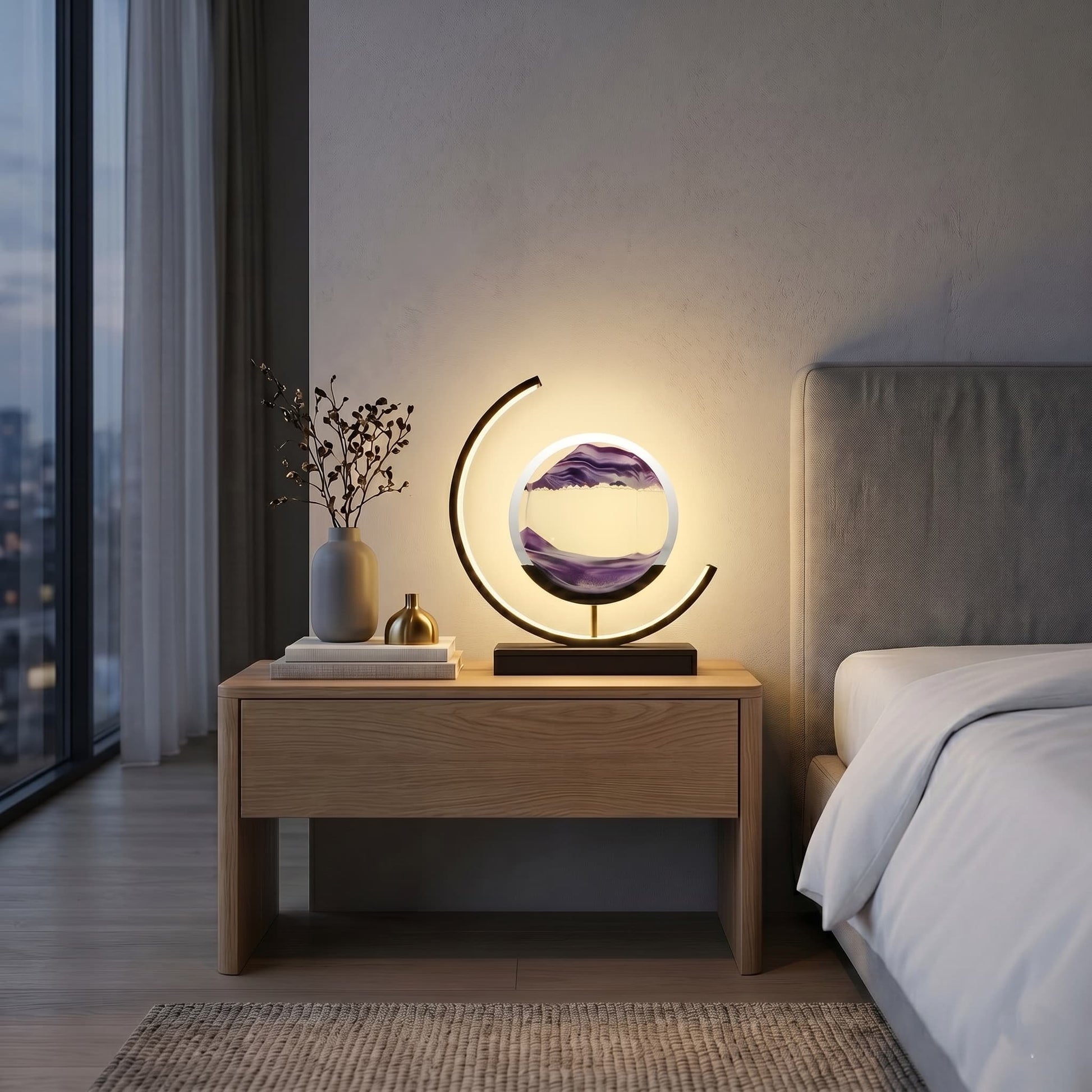 Aesthix Lume Drift quicksand art lamp purple sand bedroom window city view decorative light UK