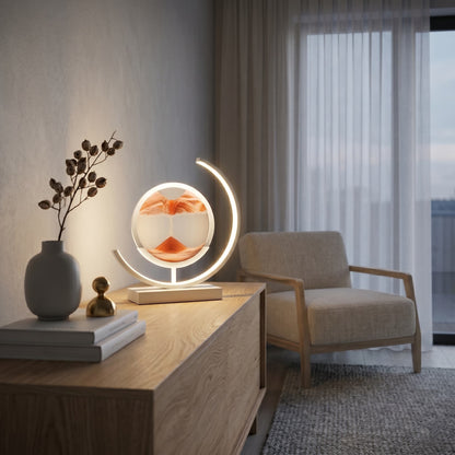 Aesthix Lume Drift quicksand art lamp orange sand armchair side table books decor UK