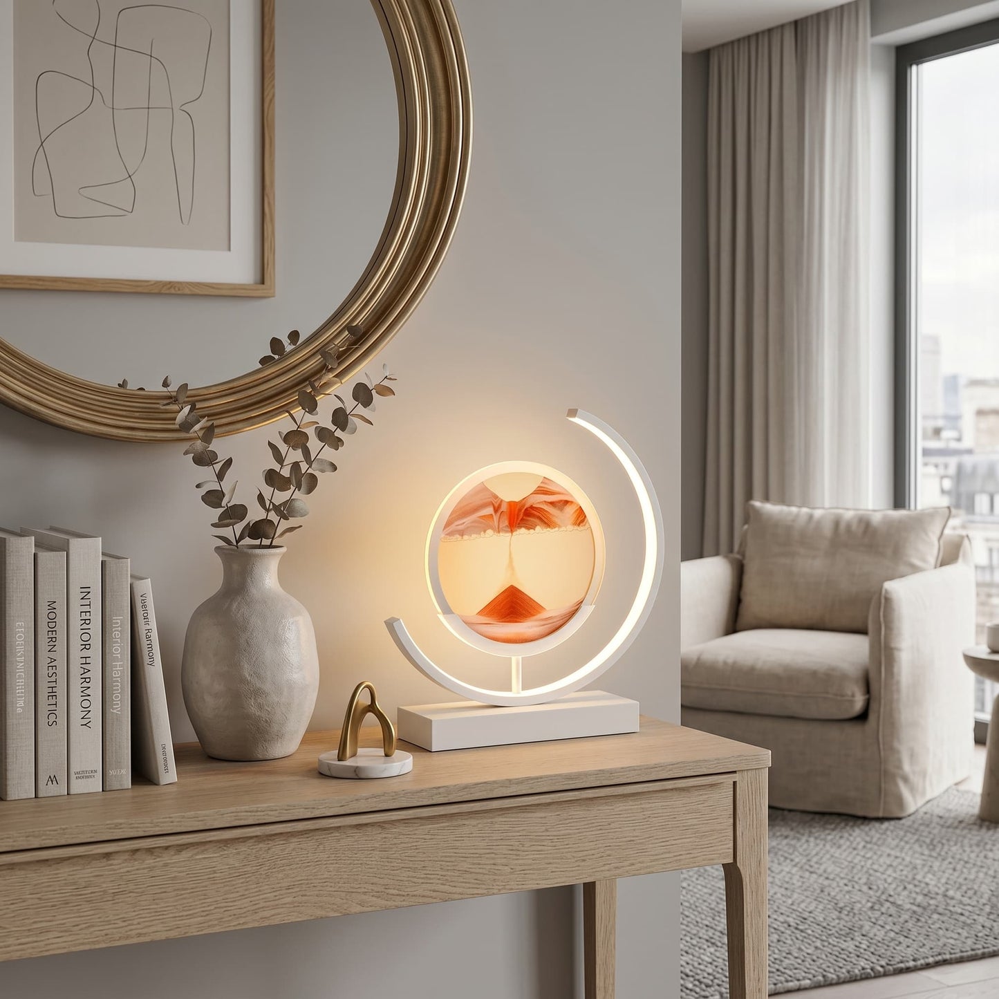 Aesthix Lume Drift quicksand art lamp orange sand console table mirror books living room UK