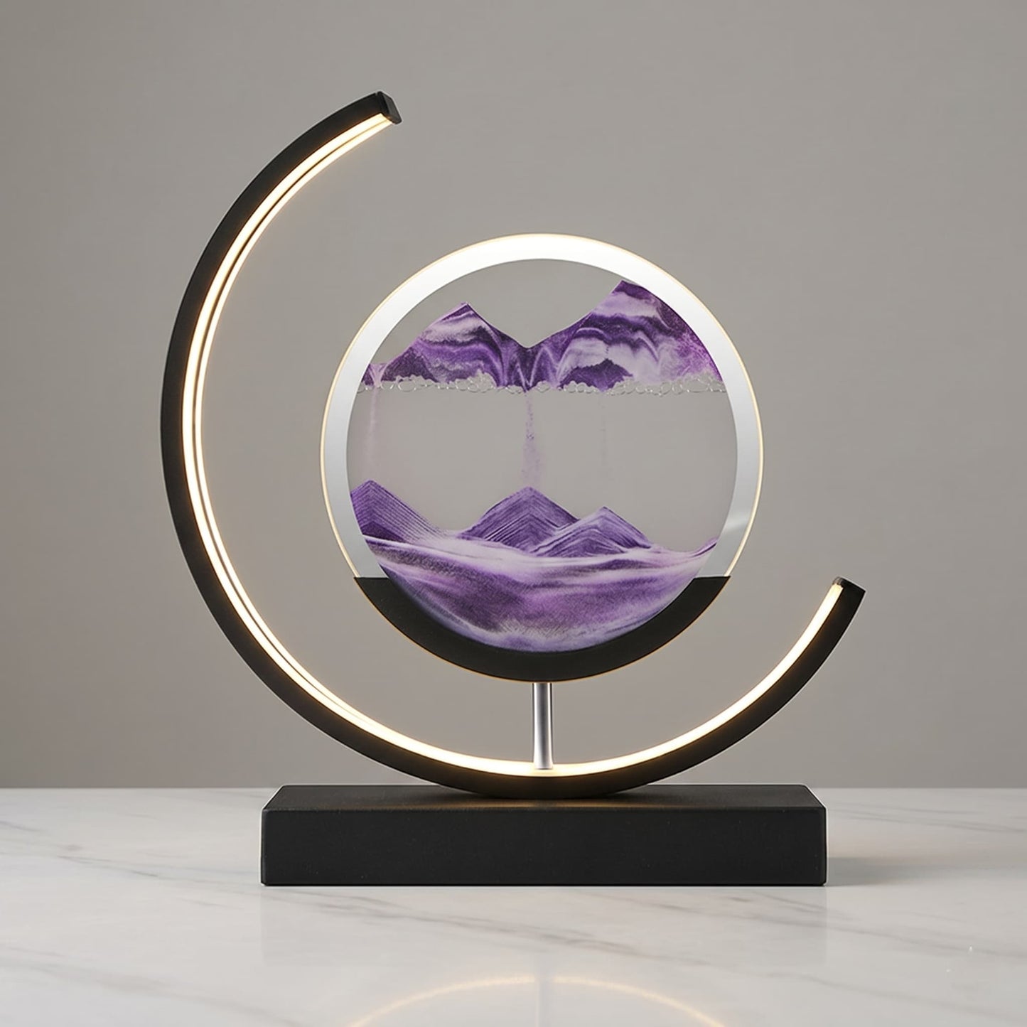 Aesthix Lume Drift quicksand art lamp purple sand black base product shot marble surface