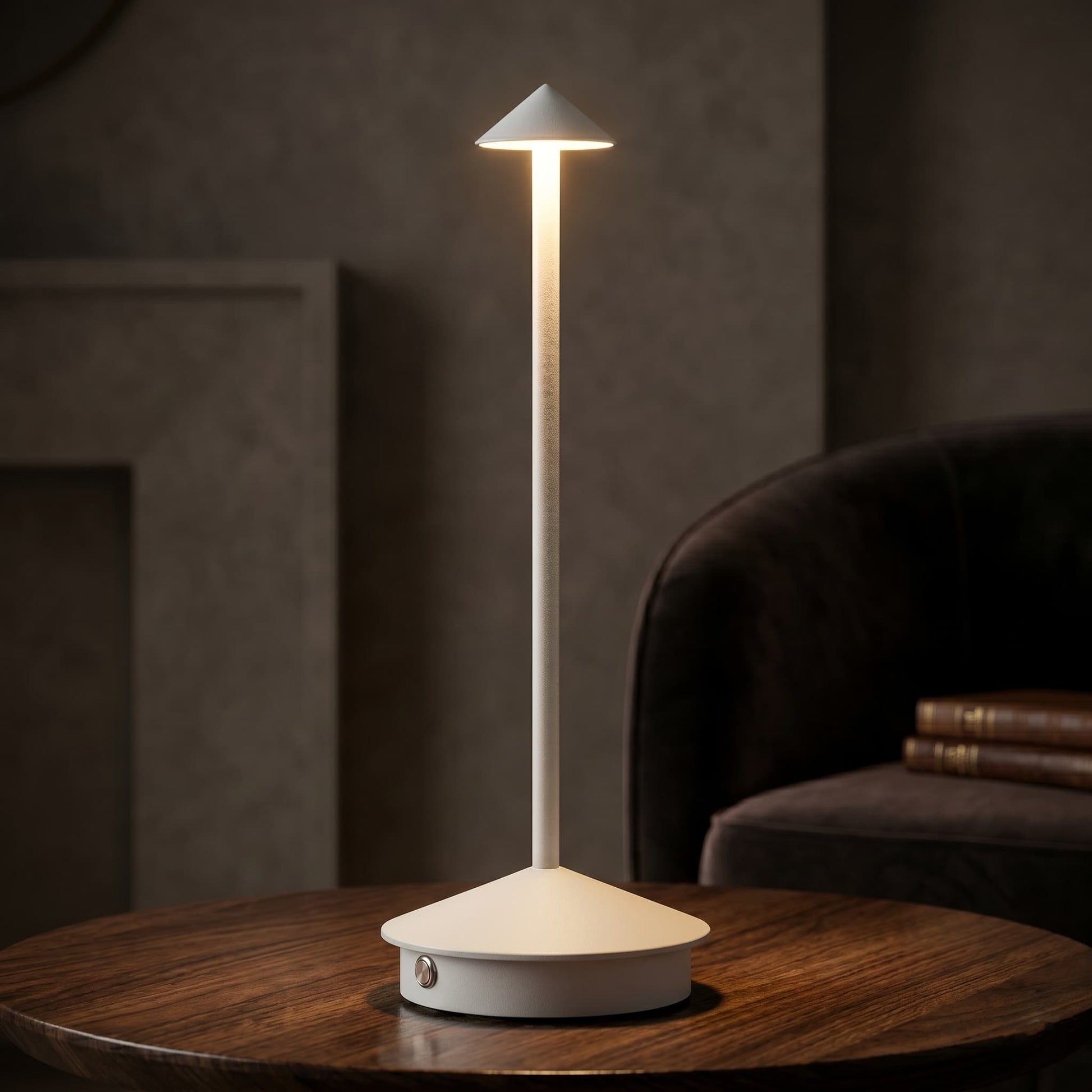 Aesthix Lume Vela slim rechargeable lamp white finish wooden side table leather armchair dark room UK