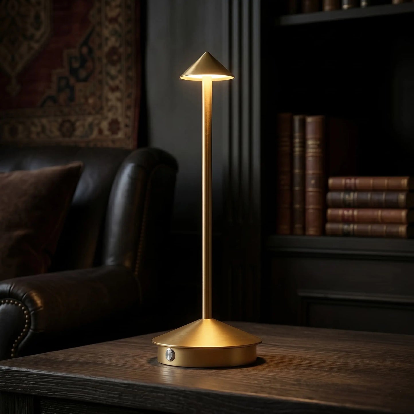 Aesthix Lume Vela slim rechargeable lamp glowing in a dark study with leather armchair and books