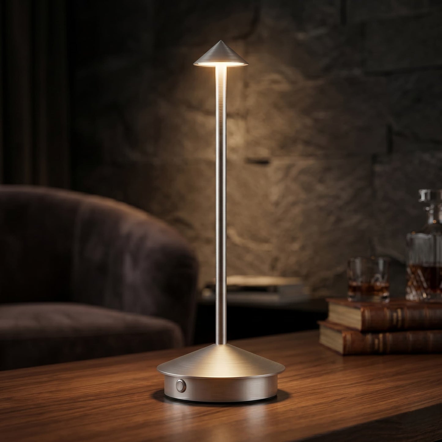 Aesthix Lume Vela slim rechargeable lamp silver finish stone wall leather chair ambient glow UK
