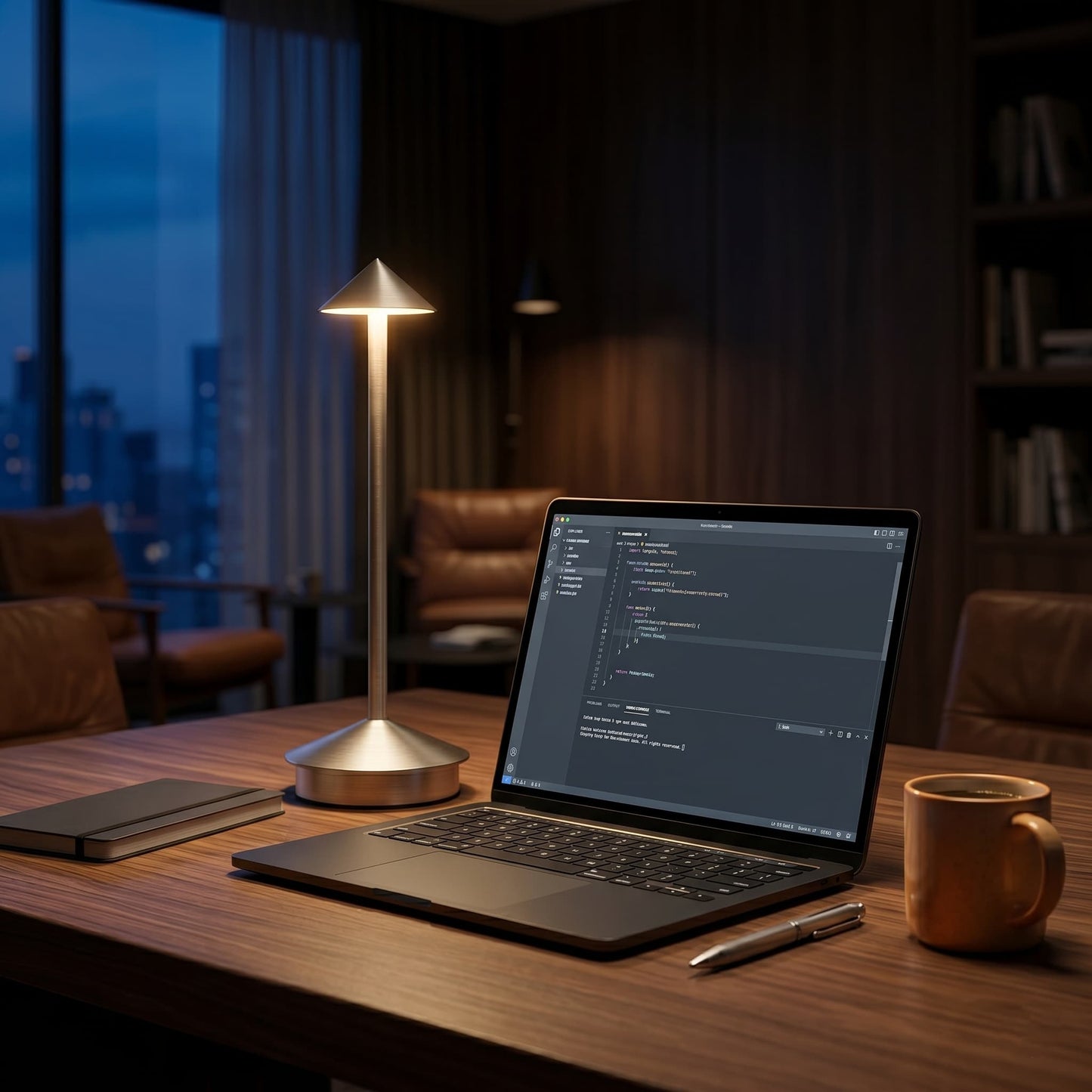 Aesthix Lume Vela slim rechargeable lamp silver finish laptop desk night city view home workspace UK