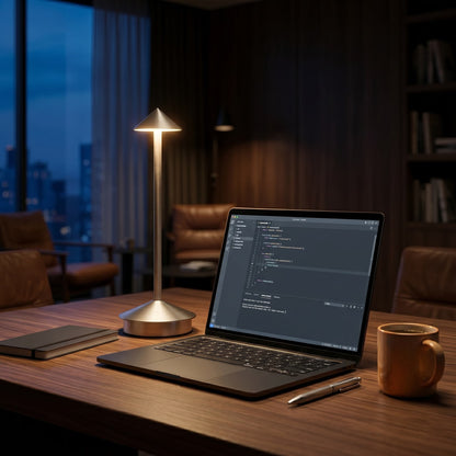 Aesthix Lume Vela slim rechargeable lamp silver finish laptop desk night city view home workspace UK