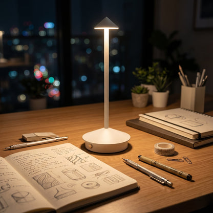 Aesthix Lume Vela slim rechargeable lamp white finish desk notebook plant night time UK