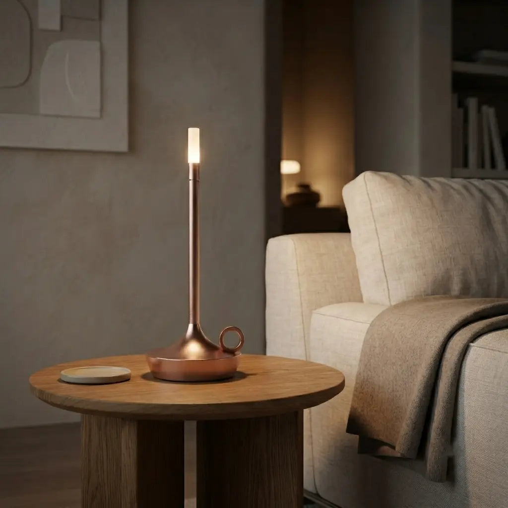 Aesthix Lume Taper candle glow lamp casting warm ambient light on a wooden side table beside a cosy armchair
