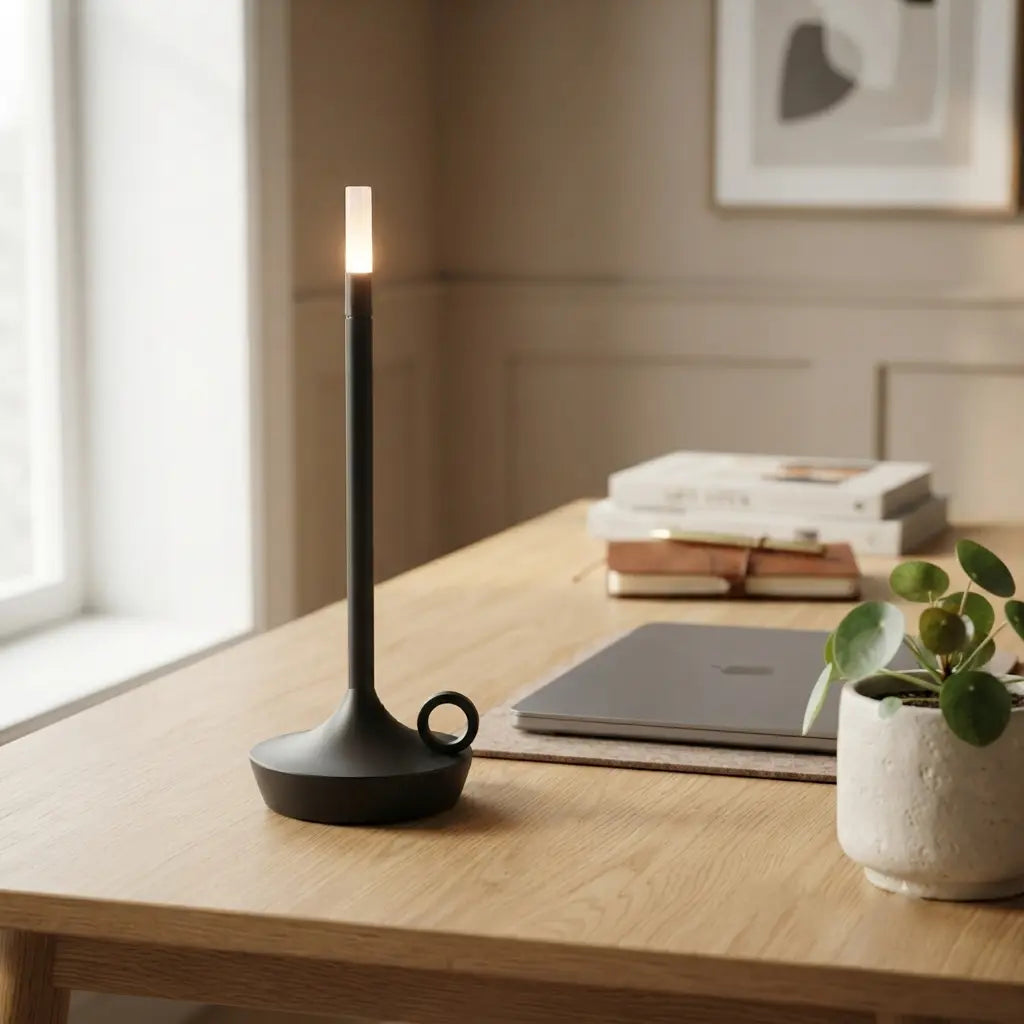 Aesthix Lume Taper candle glow lamp lighting up a minimalist home workspace with notebook and greenery