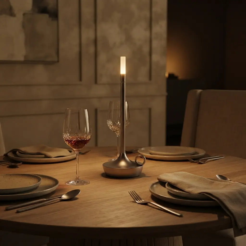 Aesthix Lume Taper candle glow lamp as an elegant dinner table centrepiece with wine and fine tableware