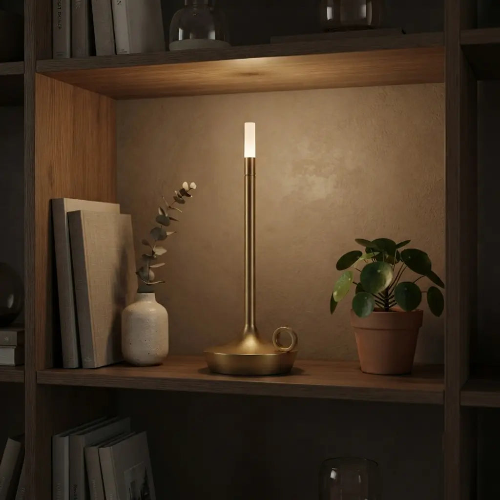 Aesthix Lume Taper candle glow lamp adding warm accent lighting to a styled bookshelf with plants