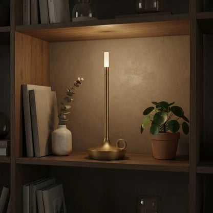 Aesthix Lume Taper candle glow lamp adding warm accent lighting to a styled bookshelf with plants