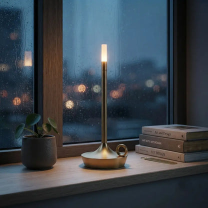 Aesthix Lume Taper candle glow lamp by a window at night, creating a cosy glow against the city skyline