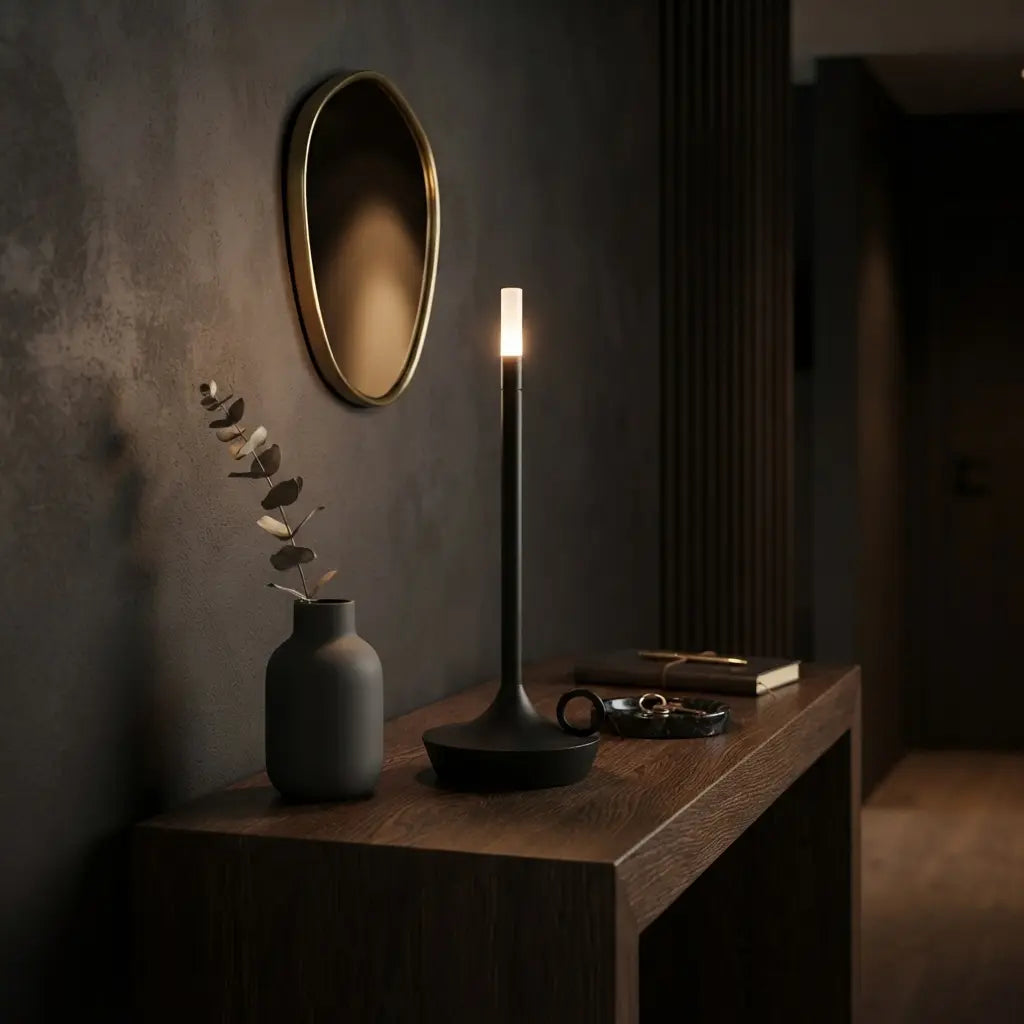 Aesthix Lume Taper candle glow lamp bringing soft ambient light to a modern dark-toned tabletop setting