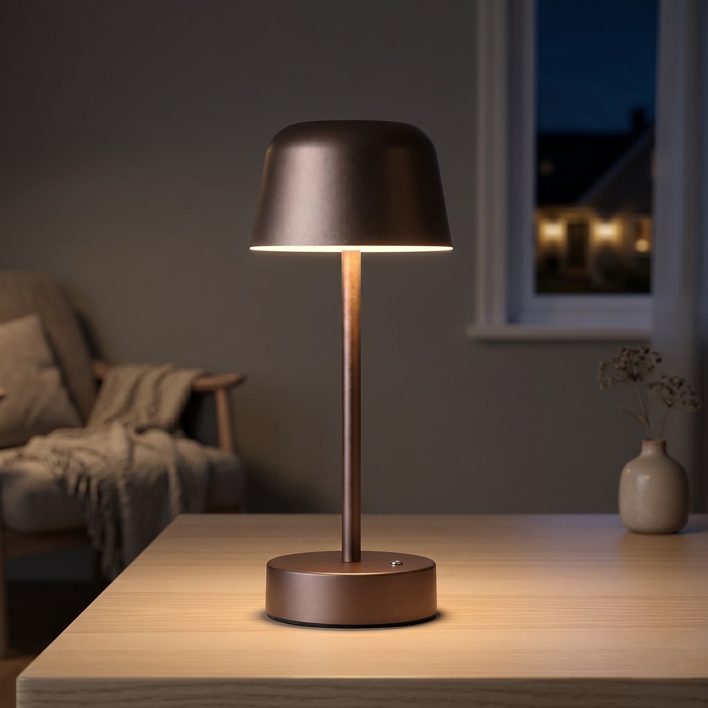 Aesthix Lume Aura cordless touch lamp brown variant wooden desk living room evening glow UK