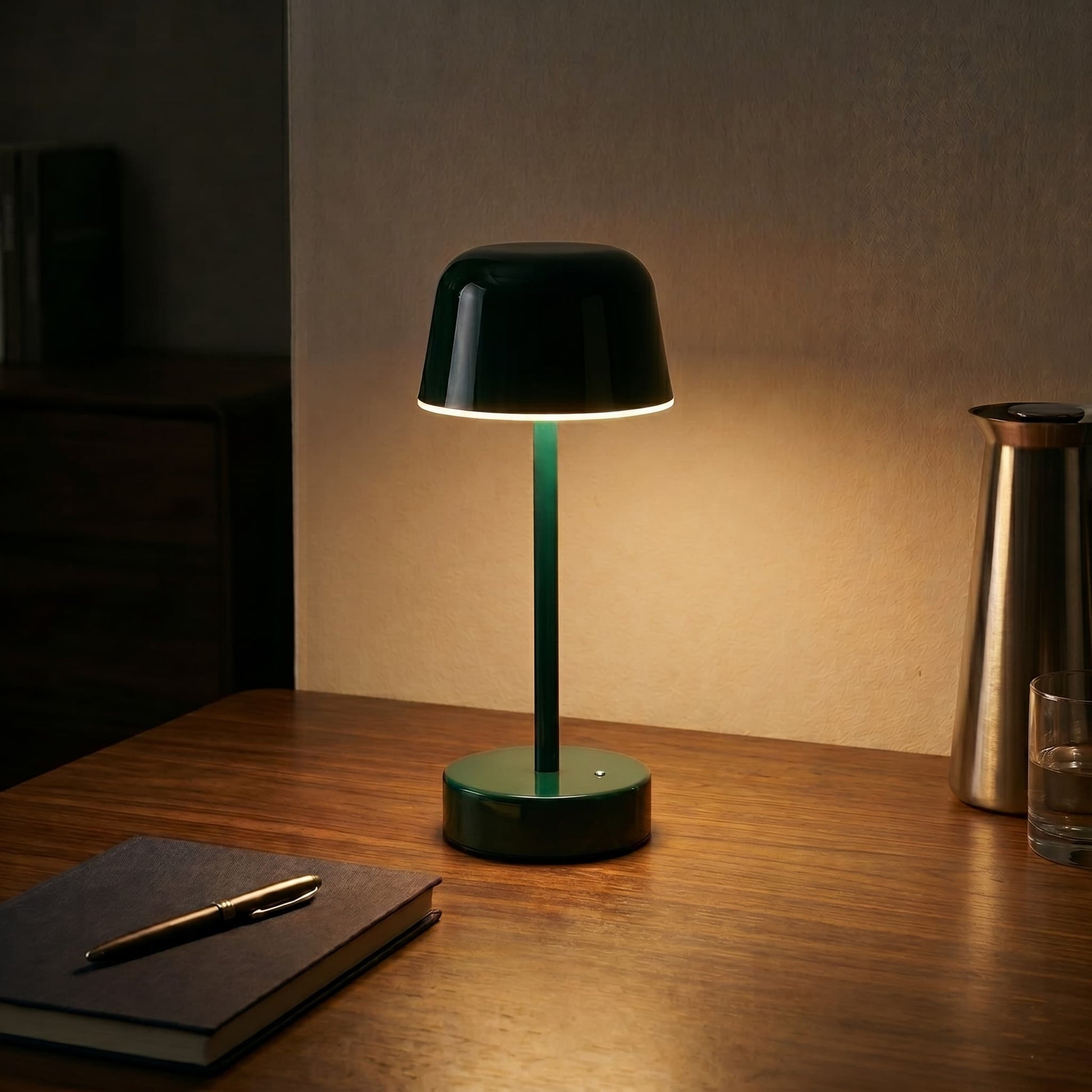 Aesthix Lume Aura cordless touch lamp green variant wooden desk notebook warm light UK