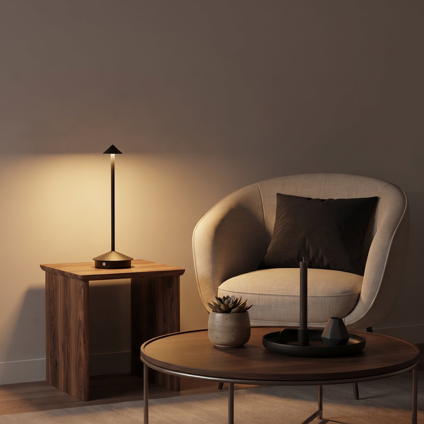 Aesthix Lume Vela slim rechargeable lamp glowing on a wooden side table in a living room beside a grey armchair