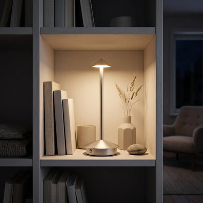 Aesthix Lume Vela slim rechargeable lamp glowing on a styled bookshelf with books