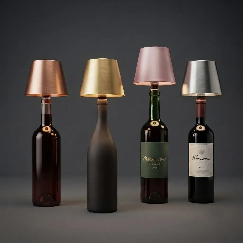Aesthix Lume Vino wine bottle accent lamp collection – upcycled glass bottle lamps with metallic bronze, gold, blush and silver lampshades for a warm ambient glow