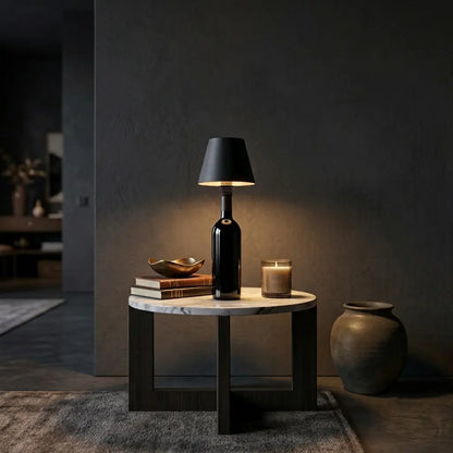 Aesthix Lume Vino accent bottle lamp black finish dark wooden side table books warm glow UK
