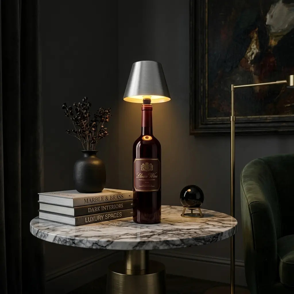Aesthix Lume Vino, A wine bottle lamp with a silver conical shade and a glowing warm light inside, styled on a marble side table in a dark, elegant room.