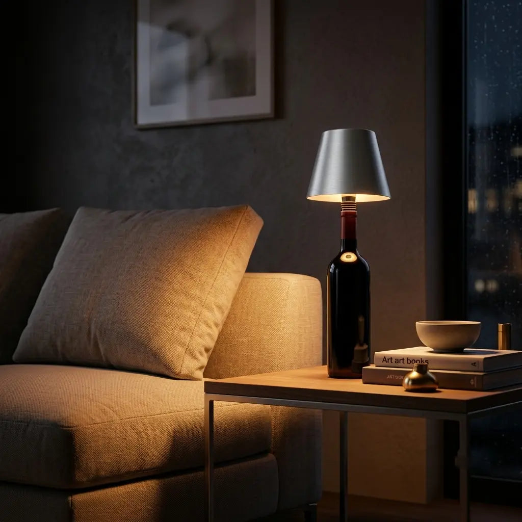 A  wine bottle lamp shaped like a dark wine bottle with a silver-gray conical shade, lit to cast a warm glow on a beige sofa and wooden side table in a dimly lit living room.