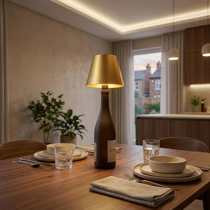 Aesthix Lume Vino accent bottle lamp gold finish dining table night city view window UK