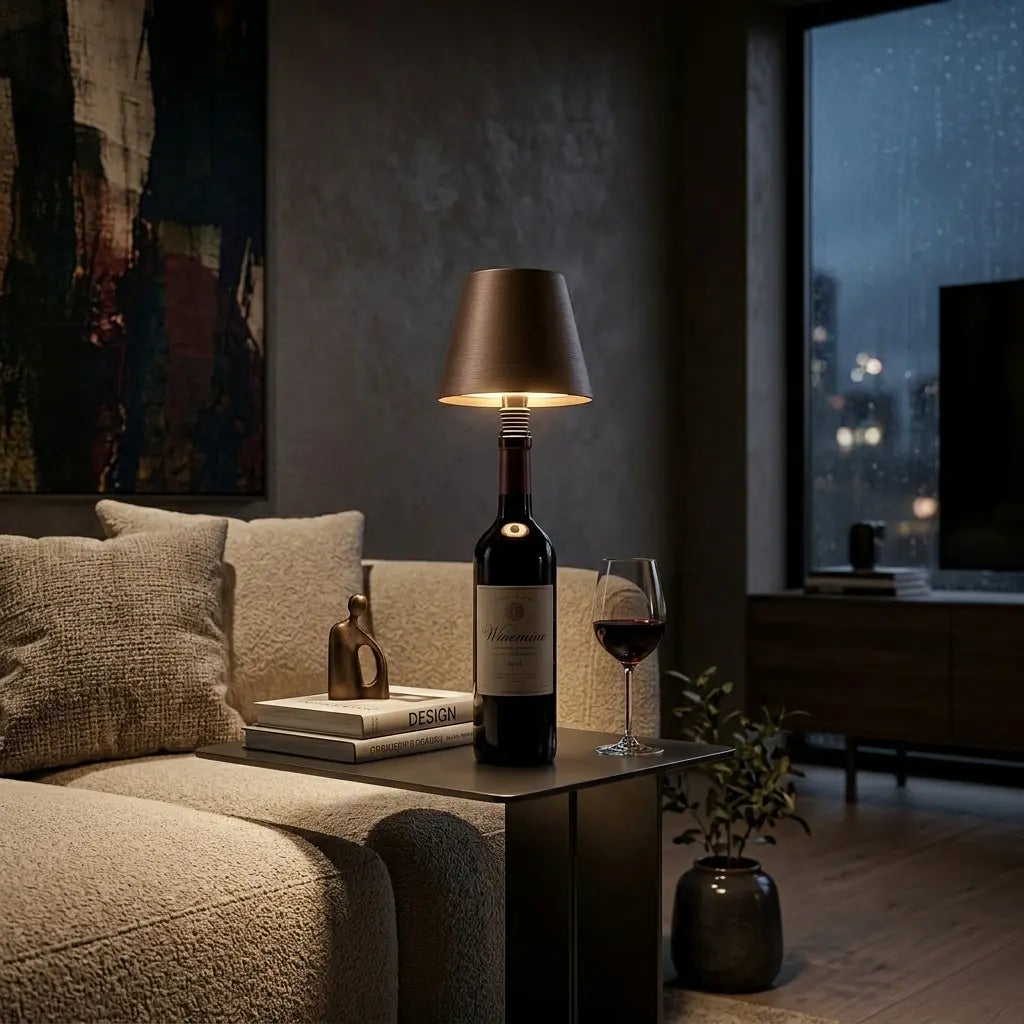 A wine bottle lamp with a conical metal shade glowing warmly, styled on a side table next to a glass of red wine in a cozy, dimly lit living room.